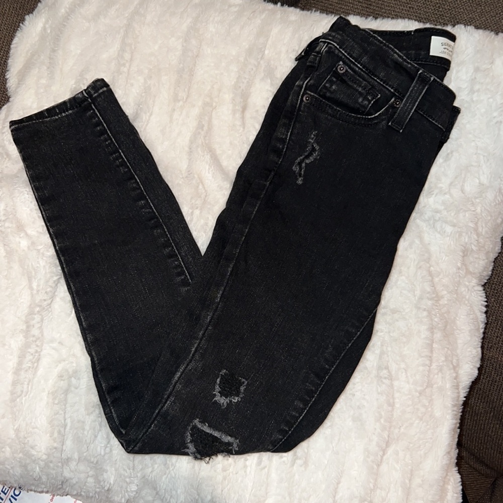 Levi Strauss signature black denim super skinny jeans distressed pants 8 girls​​ - Picture 8 of 13